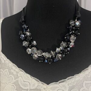 Elegant Black, Silver, charcoal, and clear glass faceted Beaded ribbon necklace